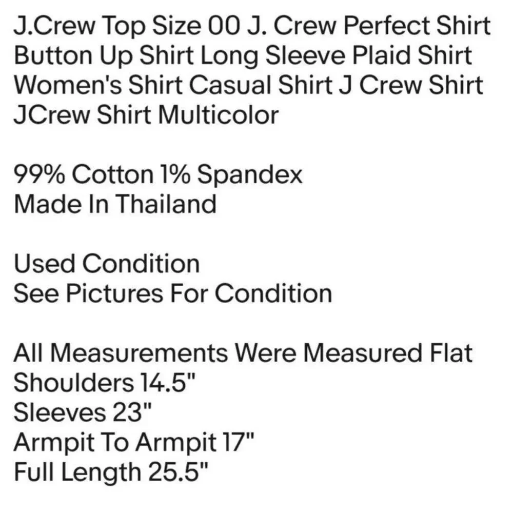 J.Crew Top Size 00 J. Crew Perfect Shirt Button Up Shirt Long Sleeve Plaid Shirt